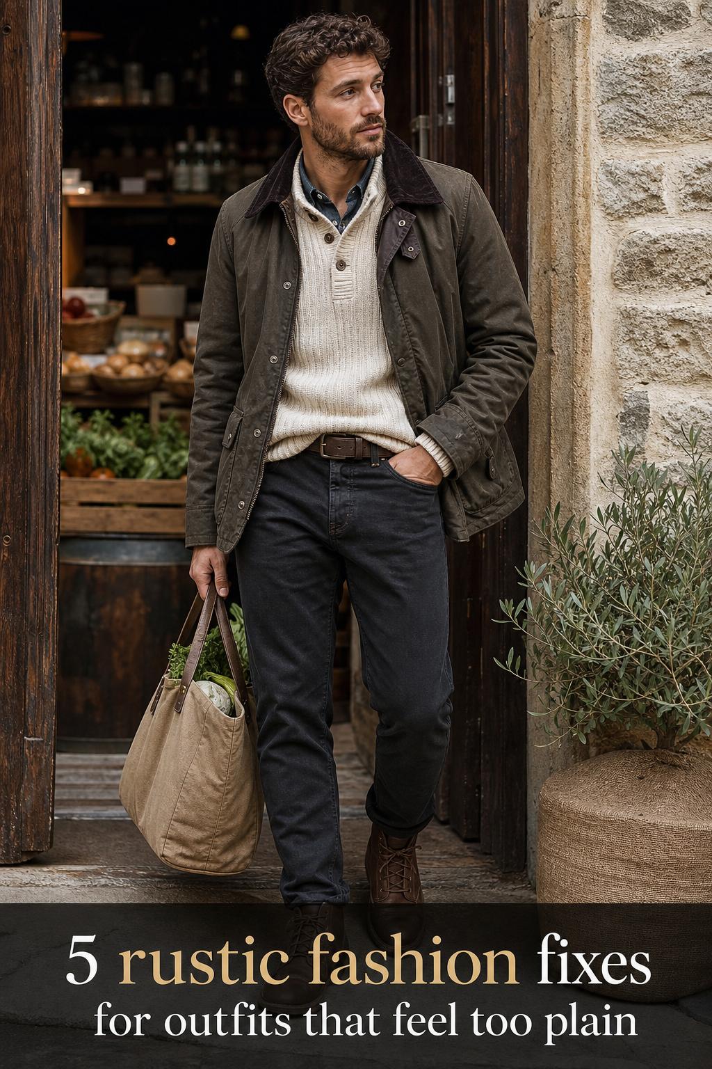 Adult in earthy layers leaving a neighborhood market, modern rustic fashion street-style photo with text overlay
