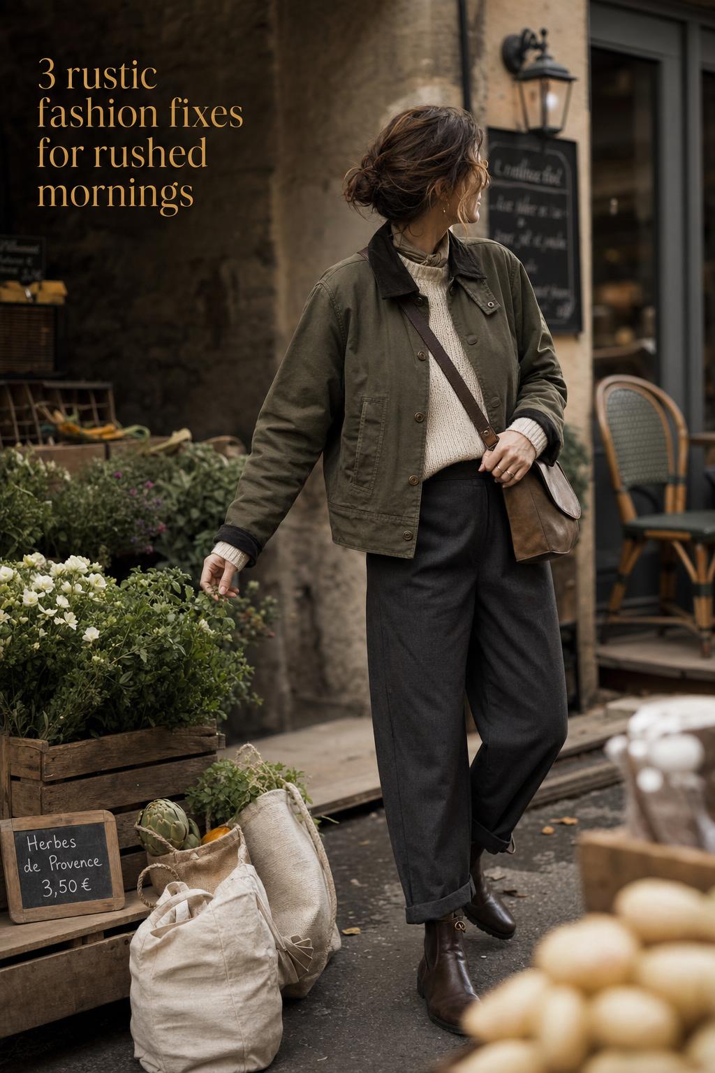 Rustic fashion outfit at an early morning outdoor market, woman in olive jacket and cream knit by a stone wall