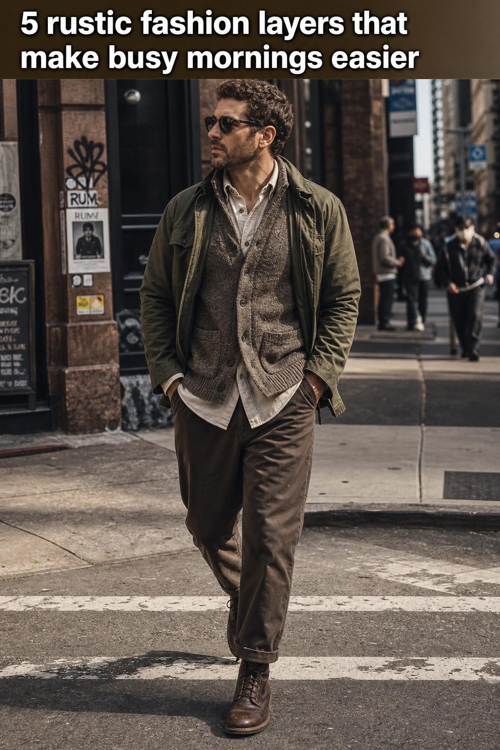 Rustic fashion outfit on wooden porch with denim jacket, plaid shirt, and leather boots in soft natural light