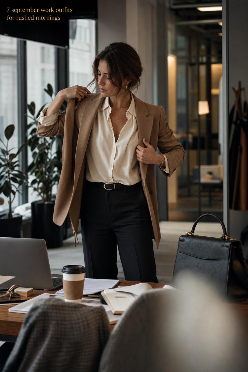 Candid office photo of a woman adjusting a camel blazer, showcasing september work outfits in early fall daylight