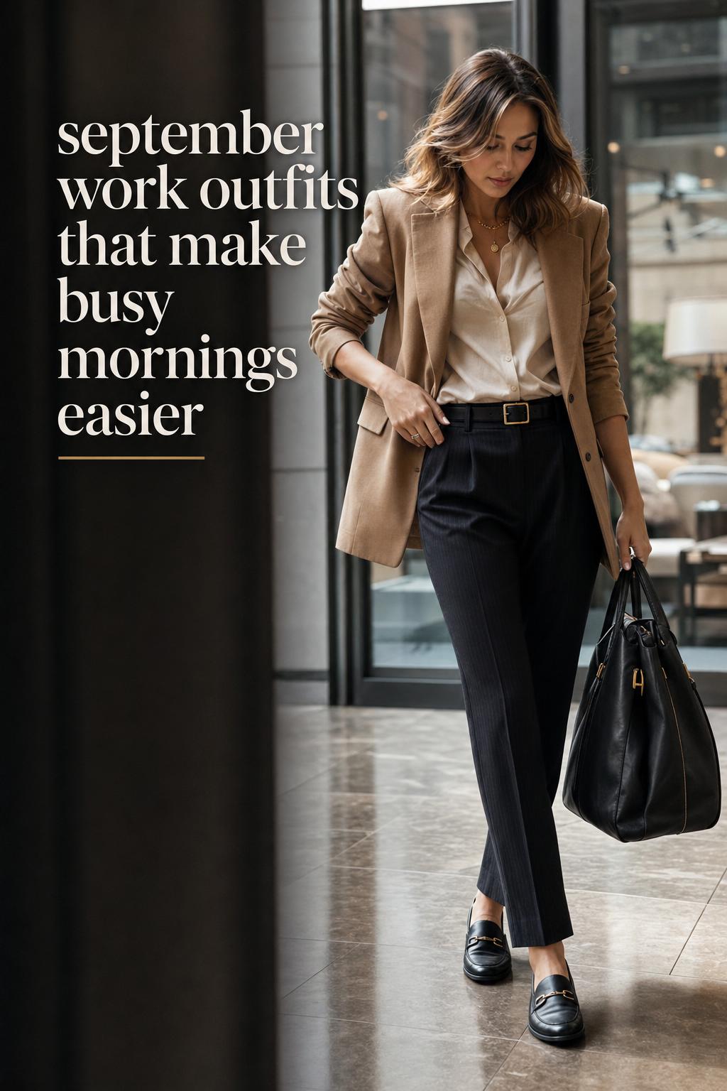 September work outfits in an early-fall office lobby, woman in camel blazer and tailored trousers with leather bag by window light