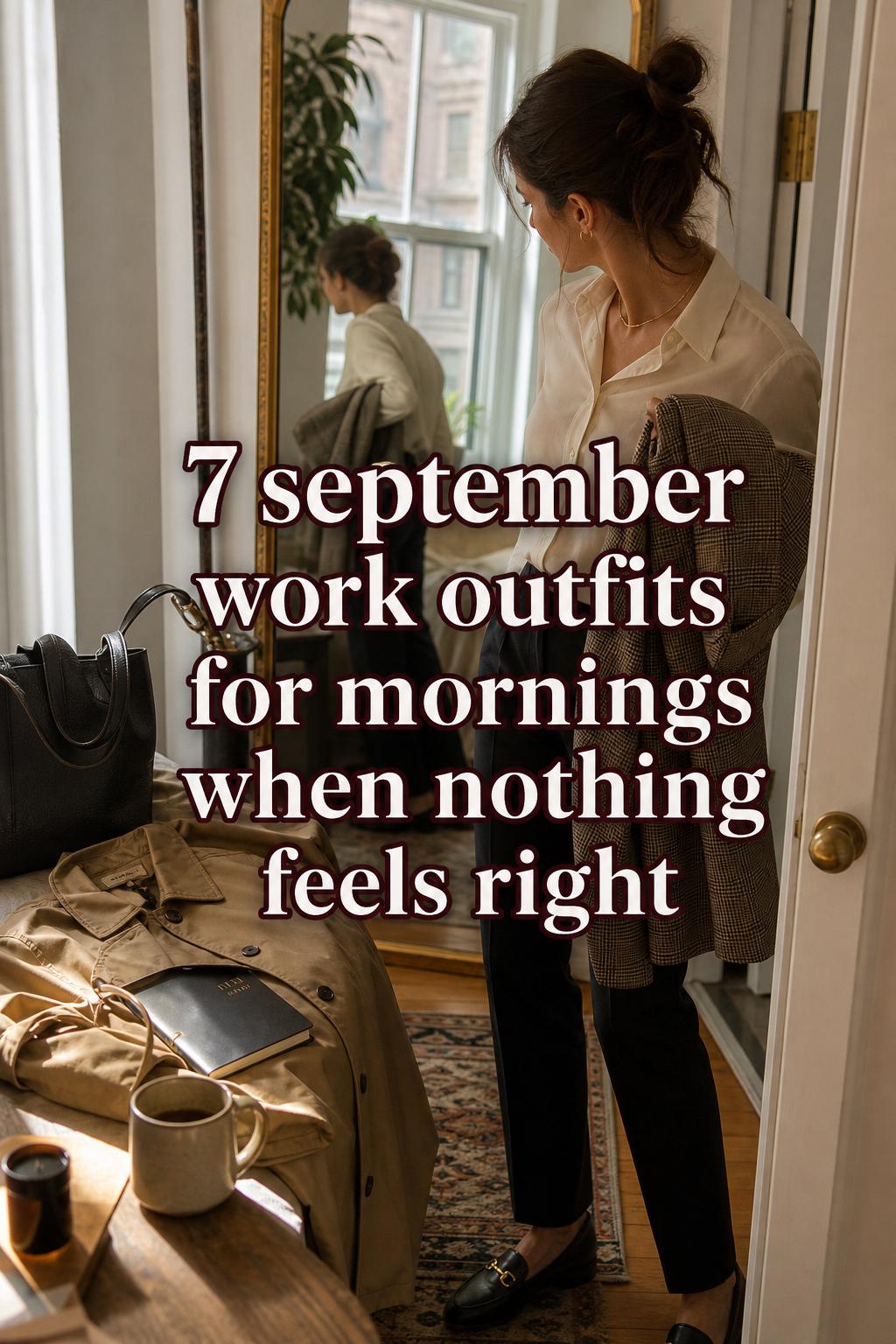 September work outfits scene: woman choosing blazer by window mirror in warm apartment, tailored trousers, loafers, work bag.