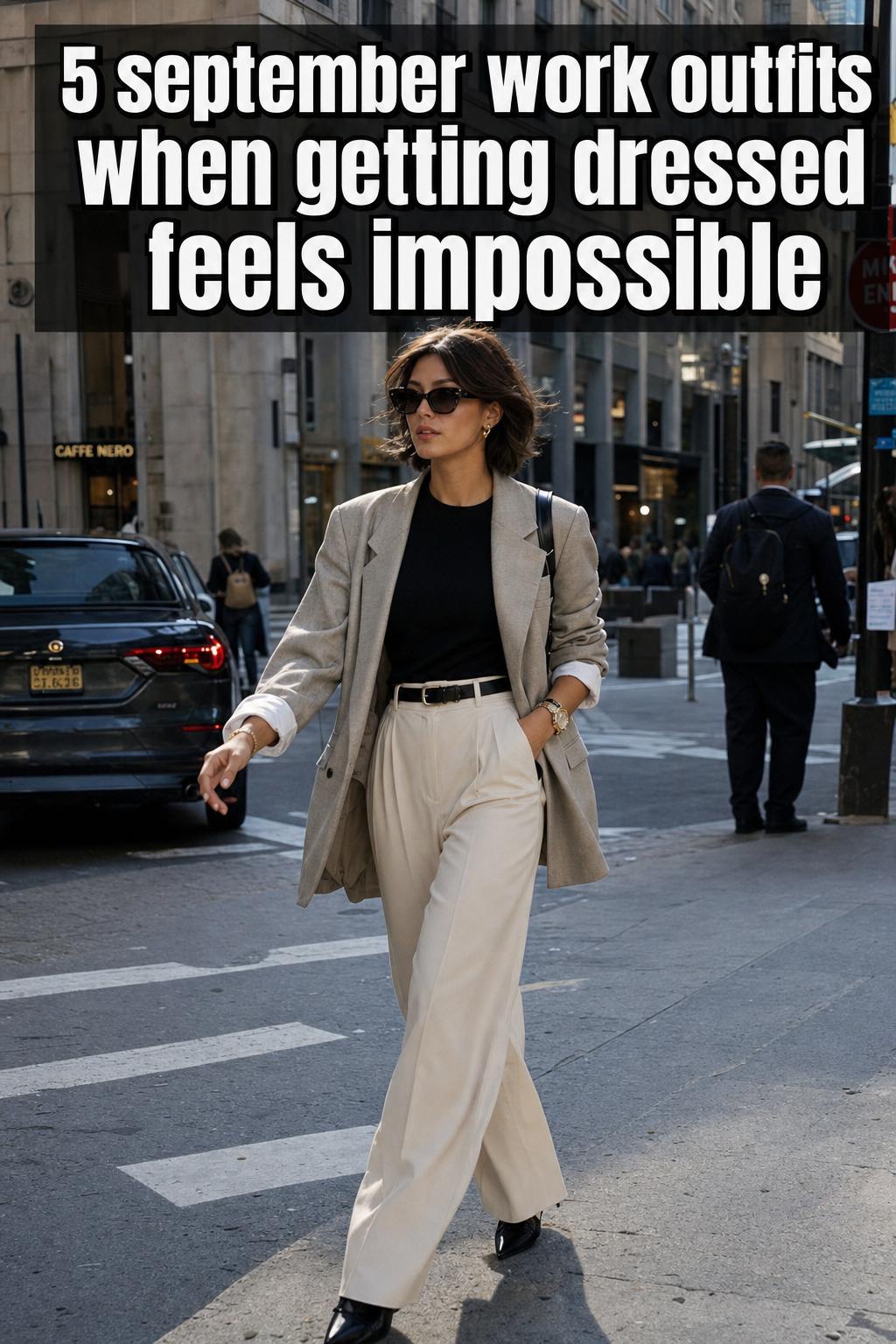 September work outfits laid out on a bed with blazer, knit top, trousers, loafers, and a leather tote in warm tones