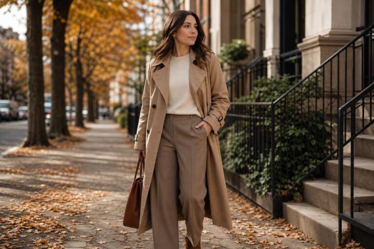 Soft autumn outfits with camel trench, cream knit, taupe trousers, and warm boots in a polished modern fall look