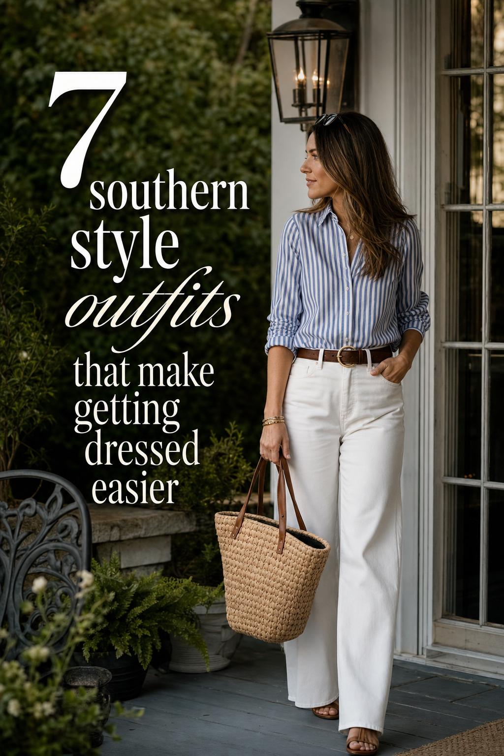 Woman in linen midi dress on a shaded porch with text overlay, showcasing southern style outfits for warm-weather elegance