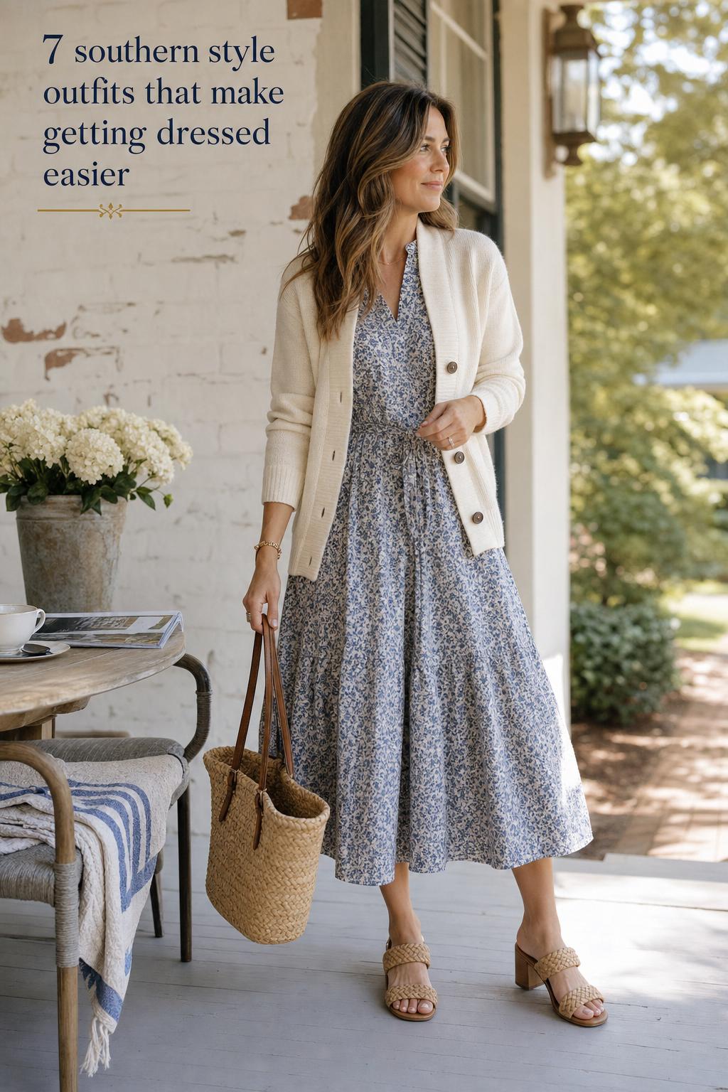 Woman in linen midi dress on a sunlit porch with woven bag, showcasing southern style outfits in warm natural light