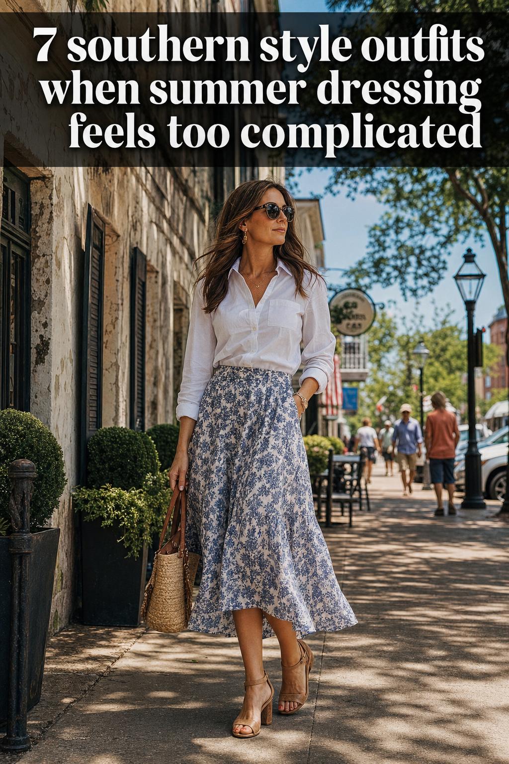Southern style outfits showcased on a sunlit porch with classic dresses, denim, and boots in a relaxed country look