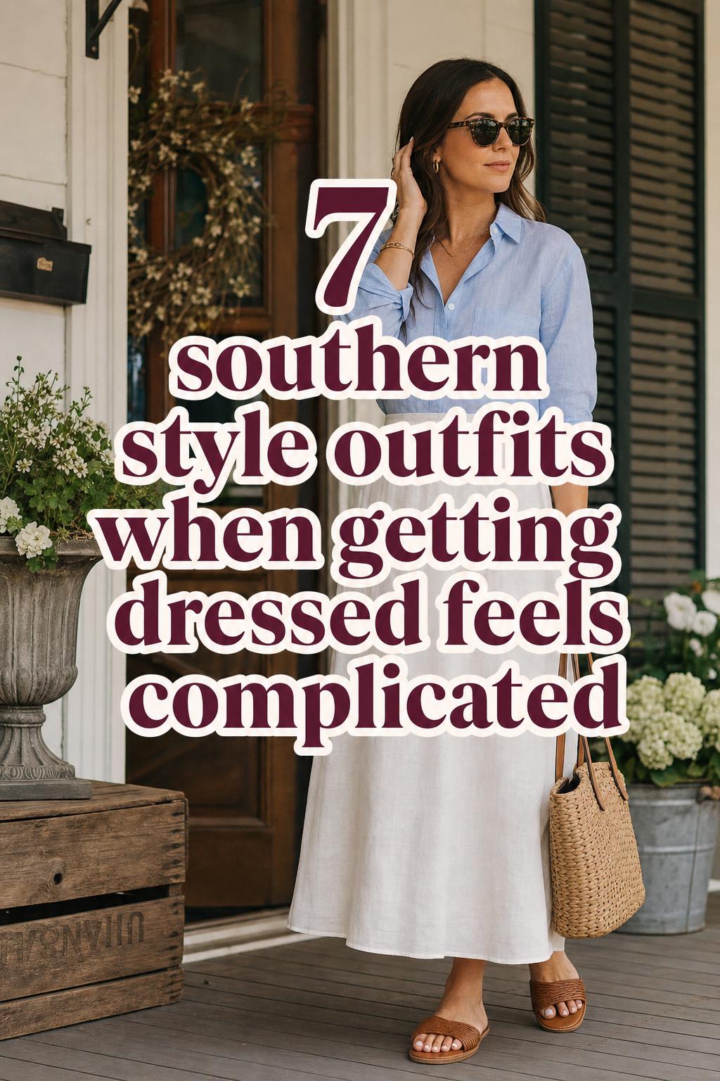 Woman on a sunlit Southern porch wearing linen midi dress with woven bag, showcasing southern style outfits in warm light