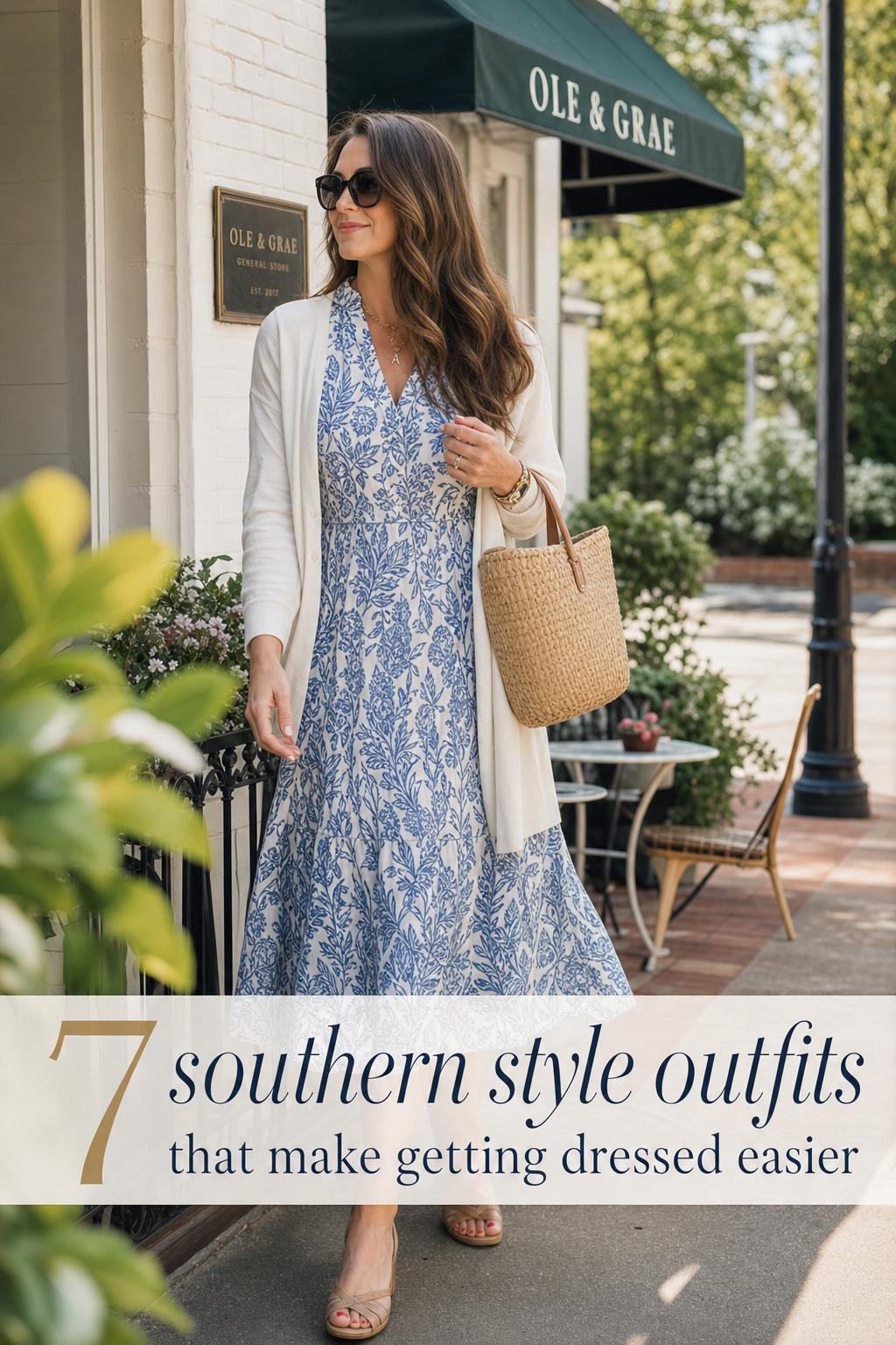 Woman in linen midi dress outside a porch-side cafe, showcasing southern style outfits in warm golden-hour light