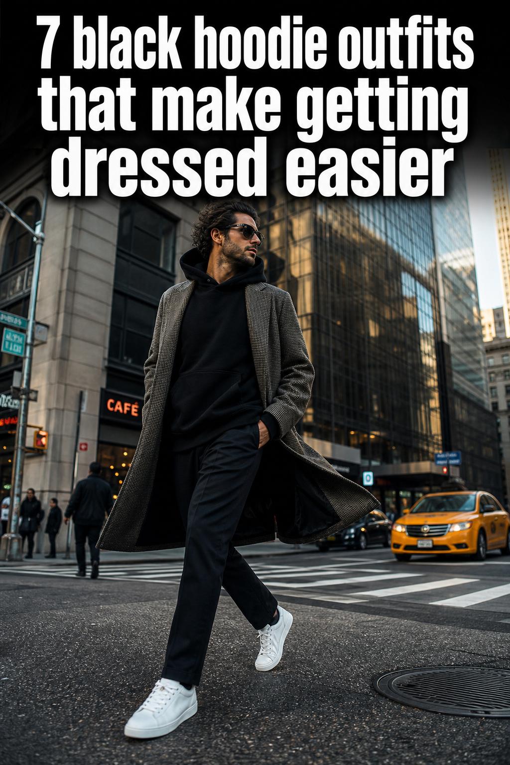 Street-style black hoodie outfits with jeans and sneakers on a city sidewalk