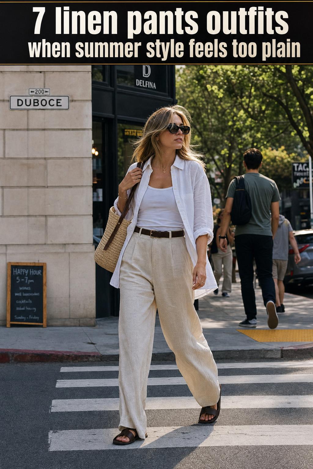 Stylish linen pants outfits with relaxed fit trousers and airy summer top in natural light