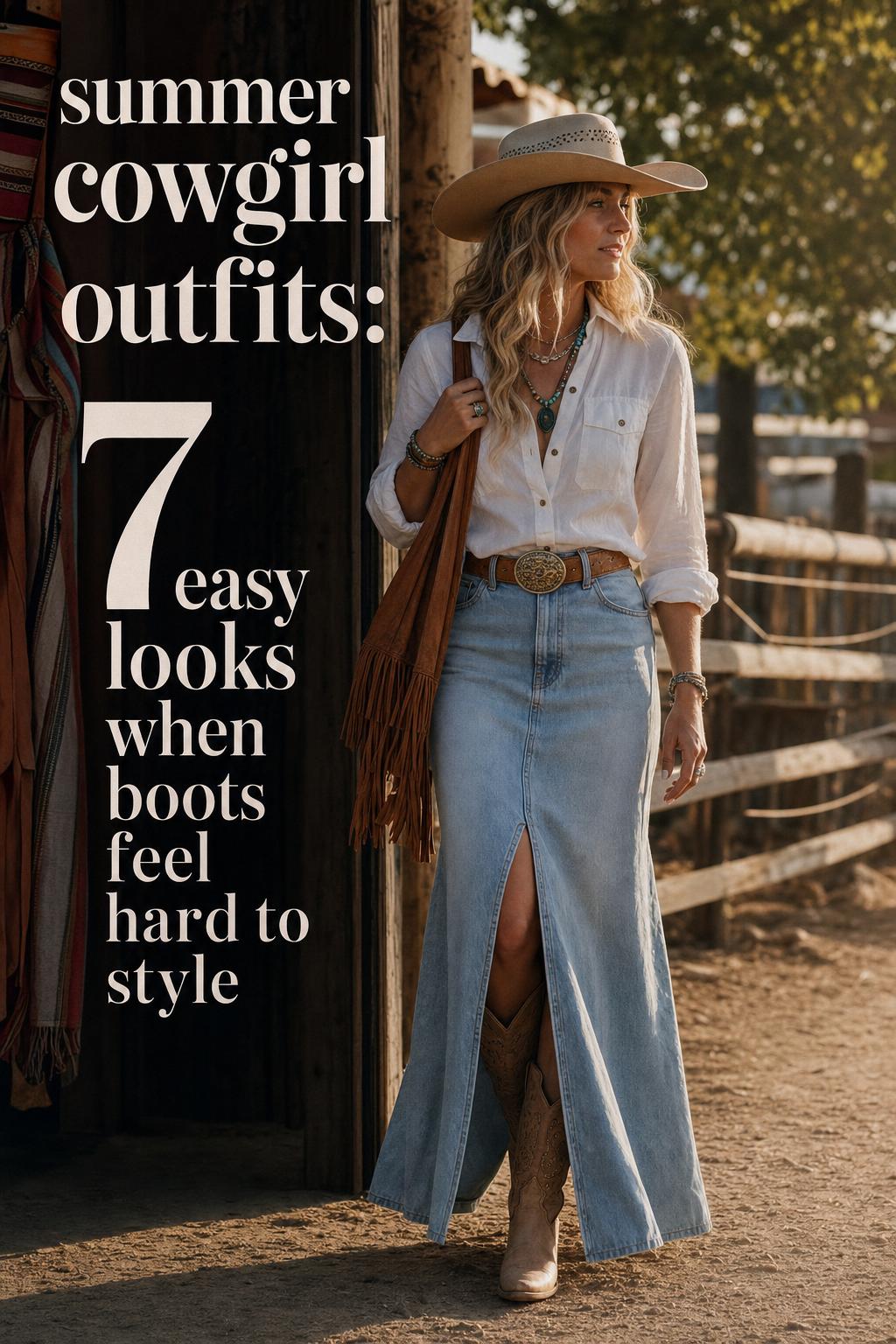 Adult woman in modern summer cowgirl outfits with denim, boots and straw hat walking a sunlit ranch path at golden hour