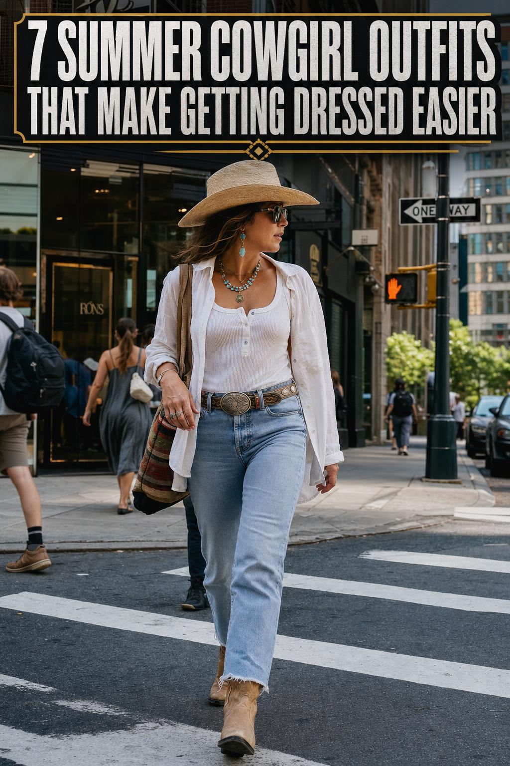 Summer cowgirl outfits featuring a woman in a straw hat, denim shorts, and cowboy boots in warm sunlight