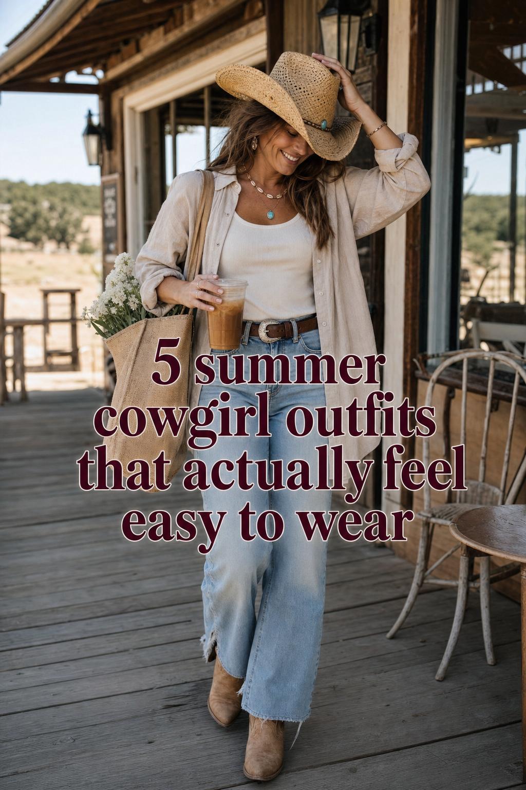 Summer cowgirl outfits on a sunlit ranch porch, woman in straw hat, denim, boots and turquoise jewelry holding iced coffee