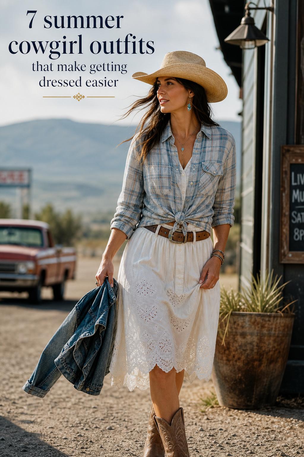 Woman in stylish summer cowgirl outfits walking a sunlit ranch path in denim, linen shirt, boots, and straw hat