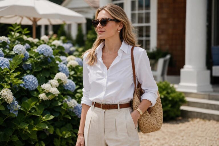 Summer old money outfits with a white linen dress, navy cardigan, loafers, and pearls in soft coastal light