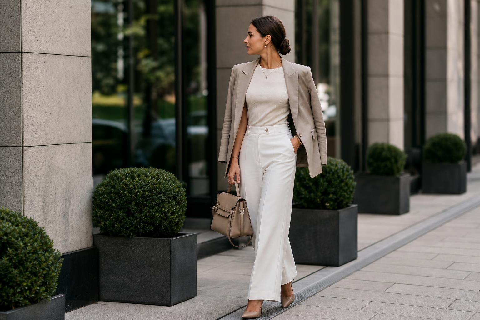 Transitional outfits with a light trench, knit top, straight-leg jeans and loafers for cool mornings and warm afternoons