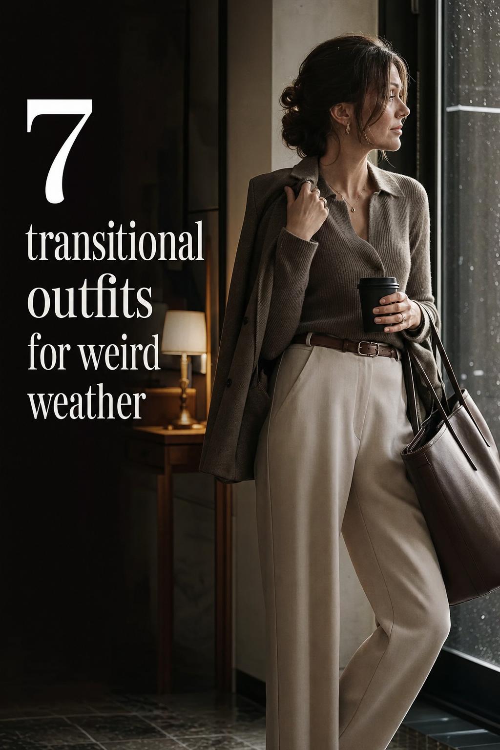 Transitional outfits in a moody city lobby: woman adjusts a structured coat over neutral layers for in-between weather