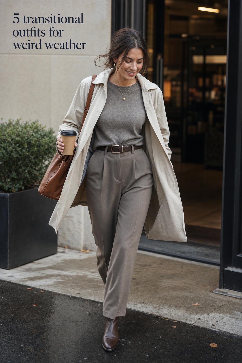 Transitional outfits street style: woman commuting in tailored layers with trench, loafers, and leather shoulder bag.