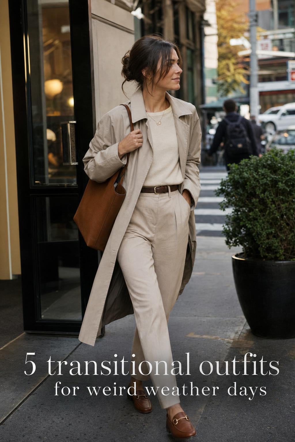 Modern woman commuting in city wearing transitional outfits with trench, trousers and tote, with text overlay for weird weather days
