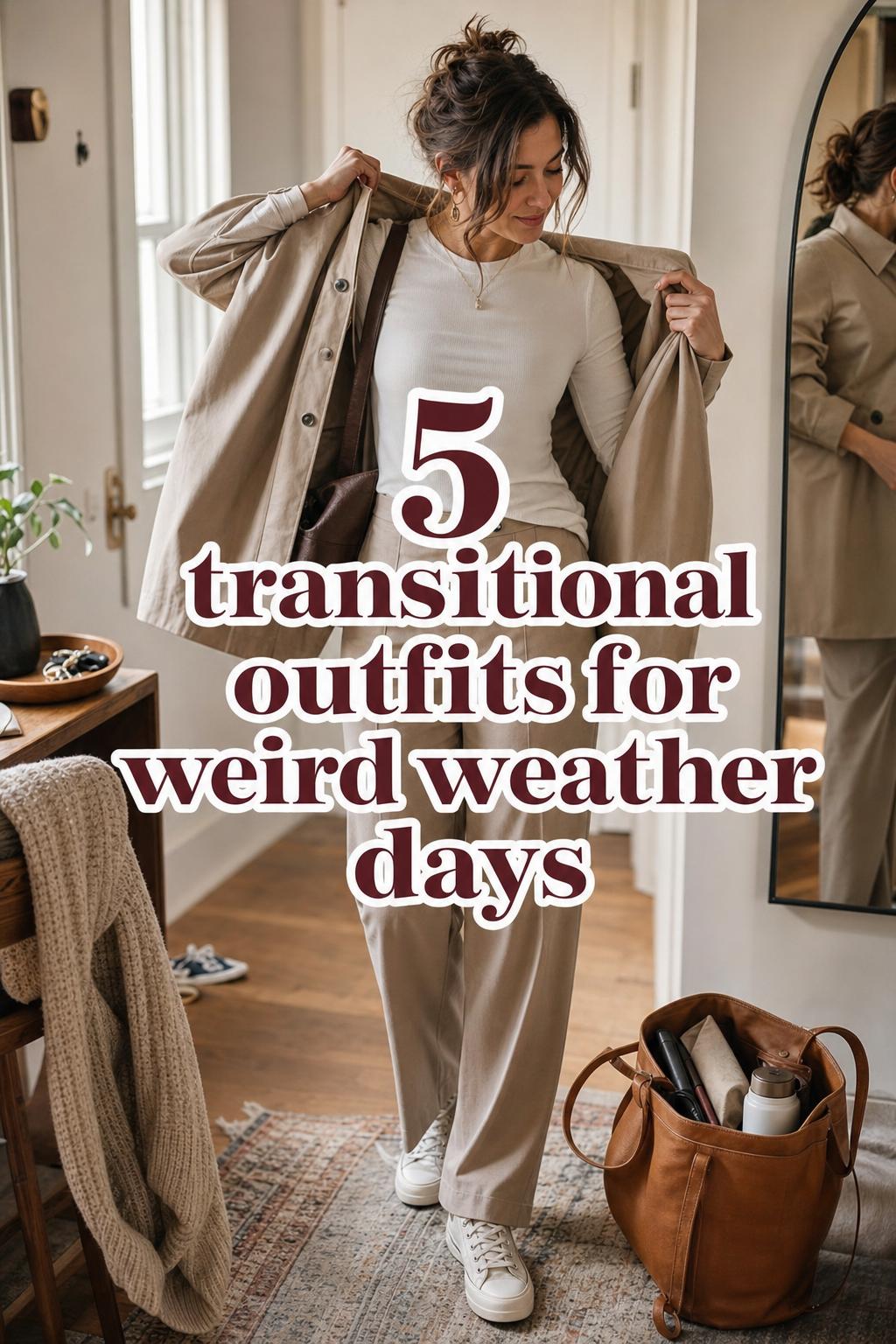 Woman adjusting lightweight jacket in apartment entryway, showing transitional outfits for weird weather days in neutral tones