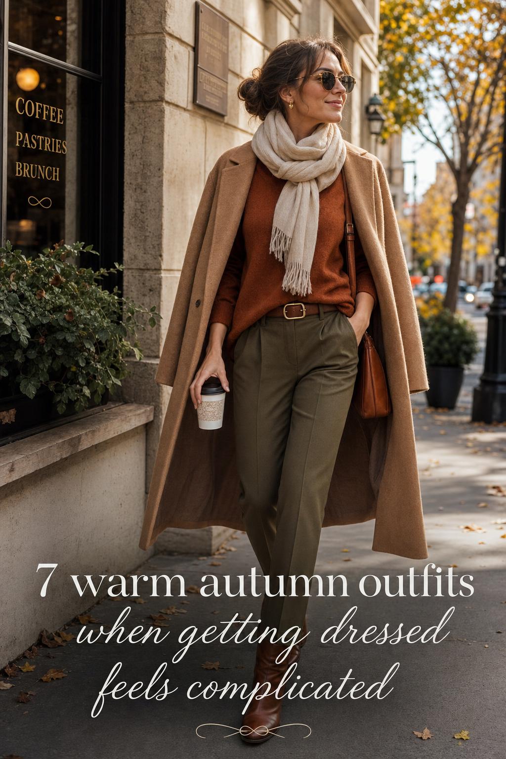 Warm autumn outfits on an adult woman in a camel coat and rust sweater walking a city street in early fall