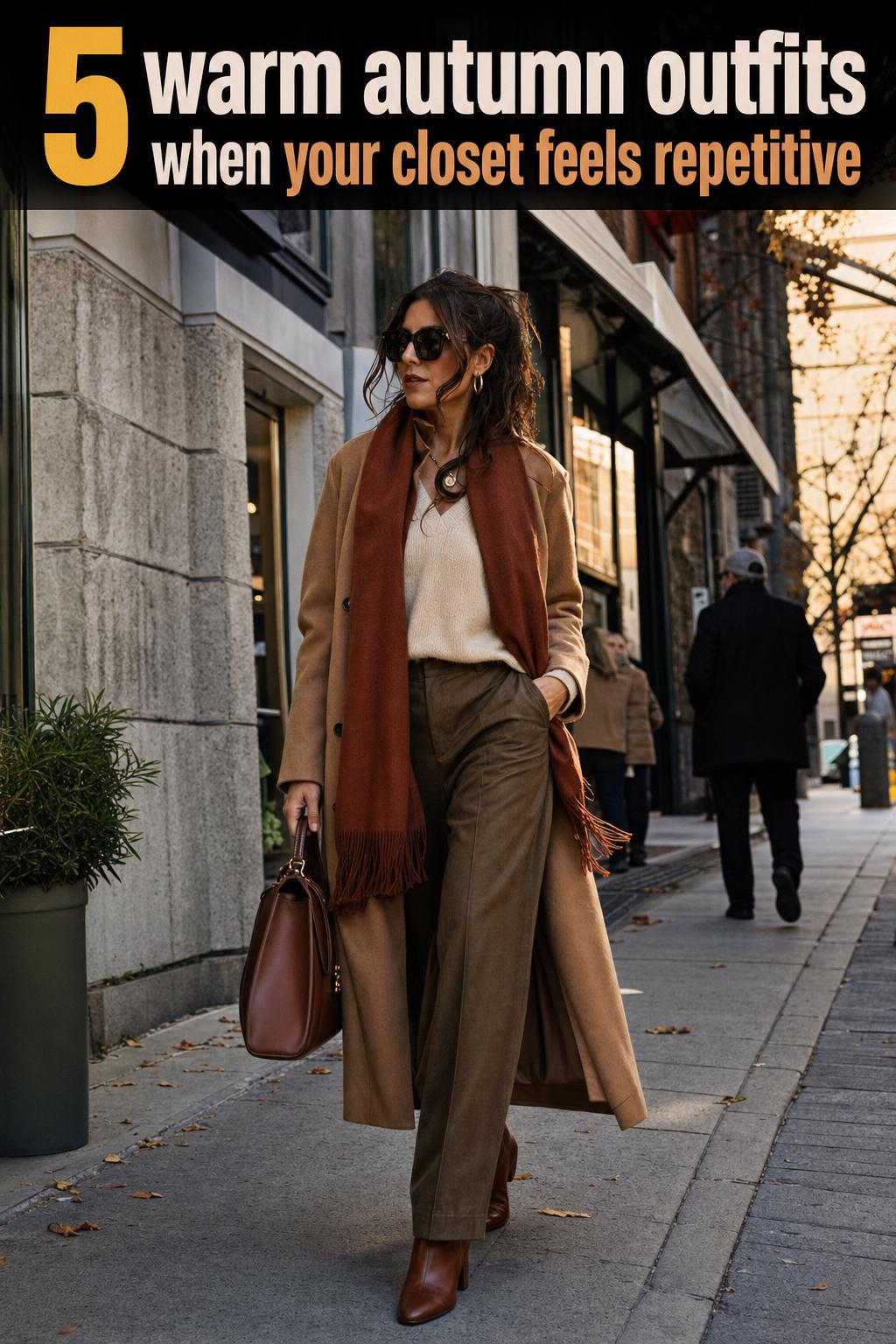 Warm autumn outfits styled on a woman in a cozy sweater and scarf outdoors with fall leaves