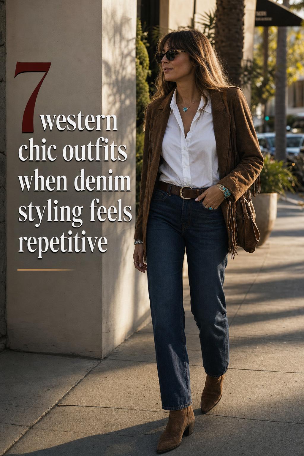 Western chic outfits street style with indigo denim, white shirt, suede jacket, and turquoise jewelry at golden hour