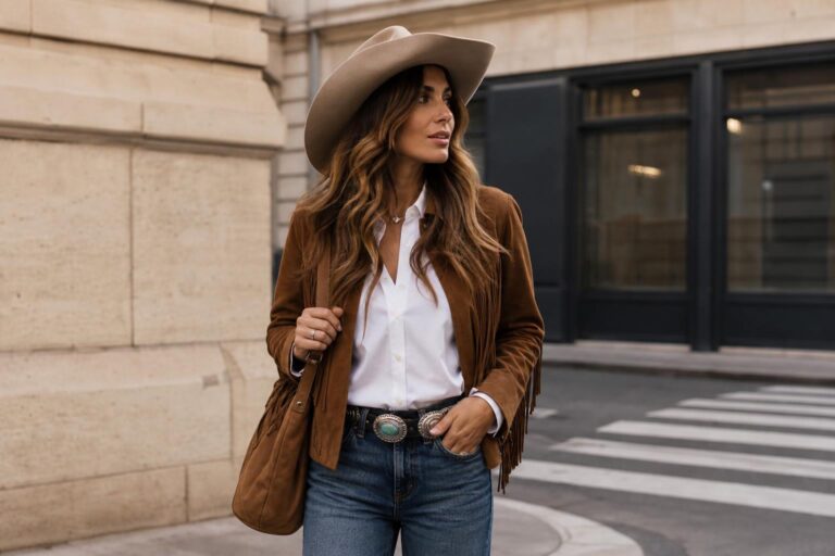 Western chic outfits with dark denim, cowboy boots, and a statement belt in a modern street style look