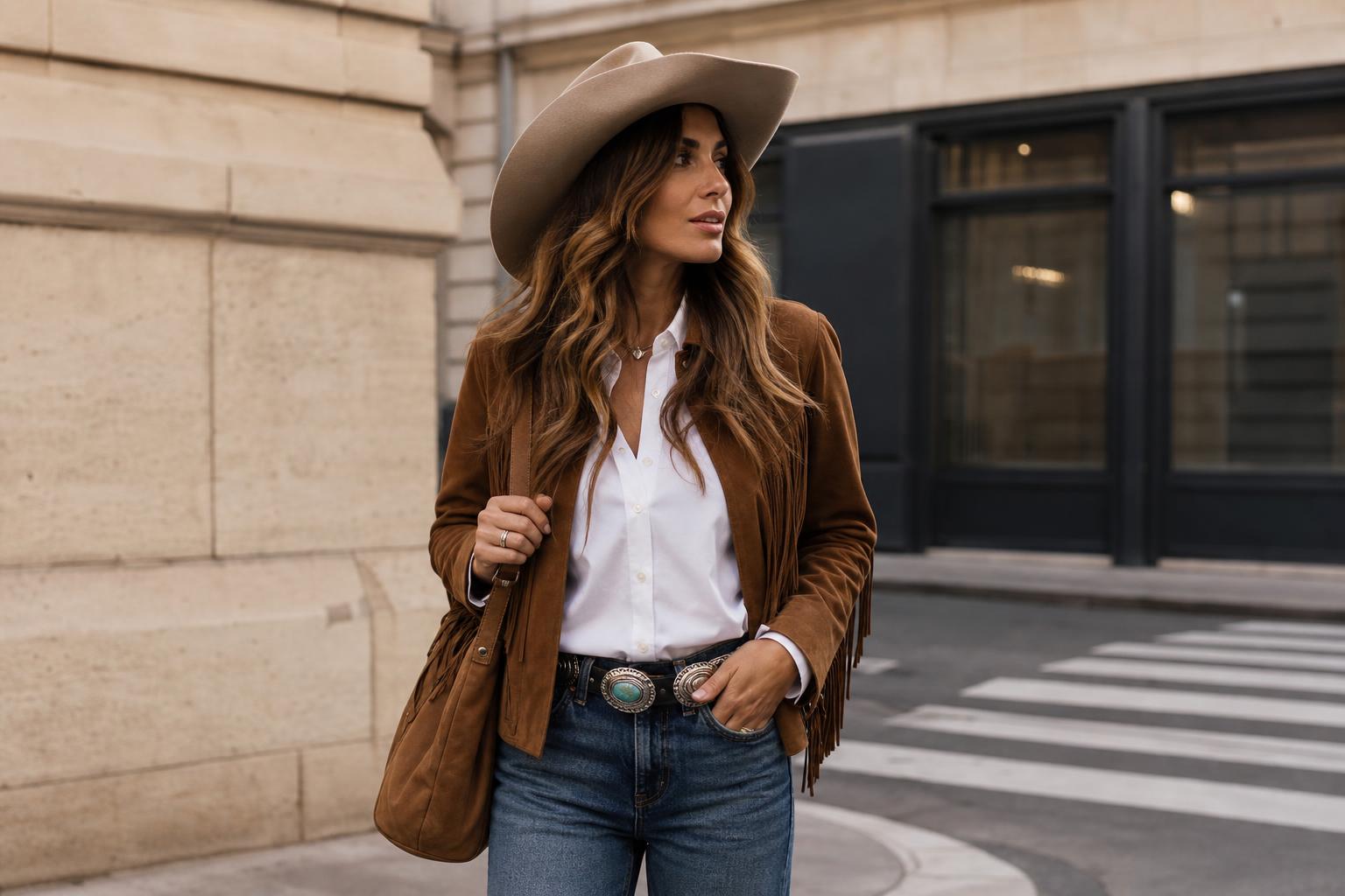 Western chic outfits with dark denim, cowboy boots, and a statement belt in a modern street style look