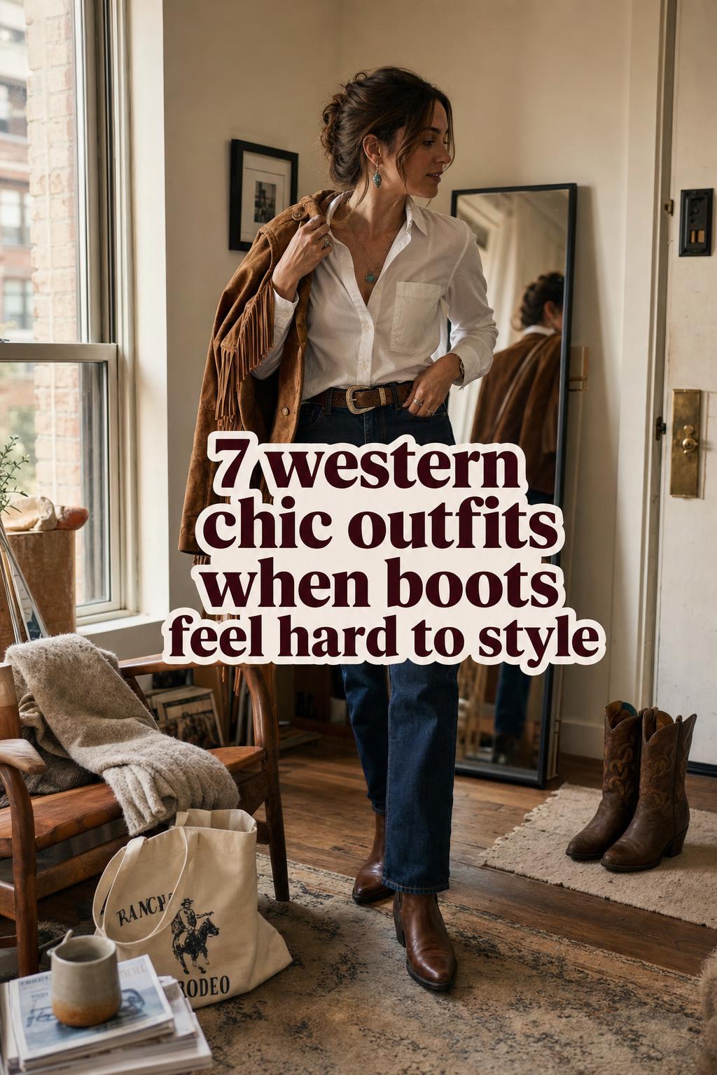 Woman in western chic outfits adjusting suede jacket in sunlit studio apartment, denim and boots with mirror and home decor