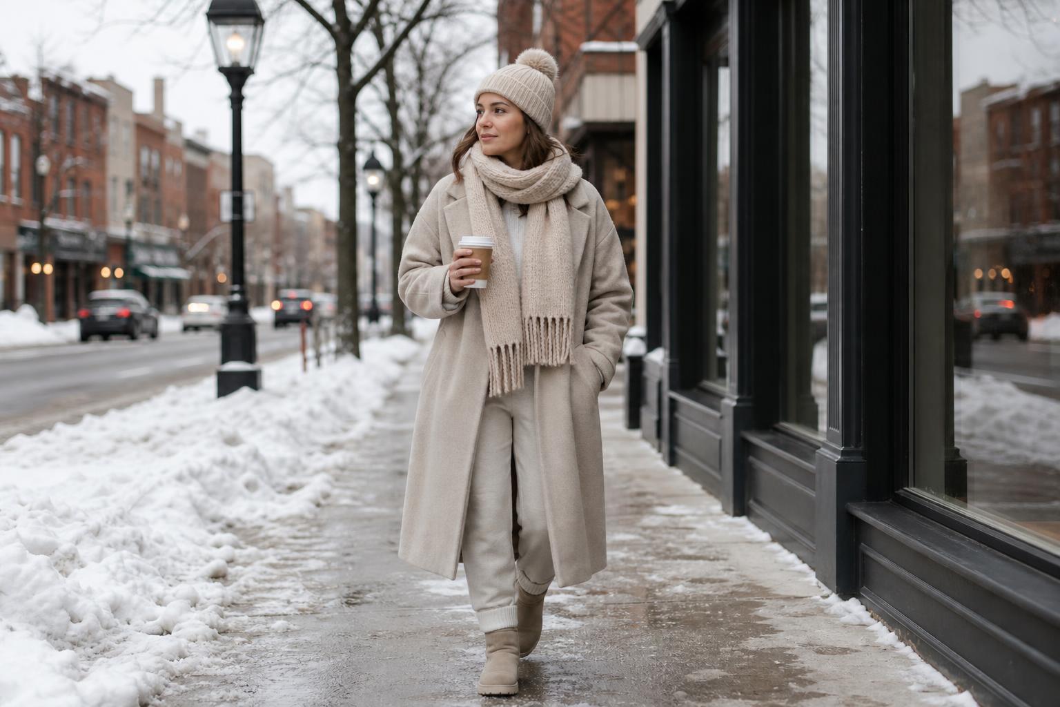 Winter comfy outfits with beige puffer coat, knit sweater, fleece-lined leggings and ankle boots on a city sidewalk
