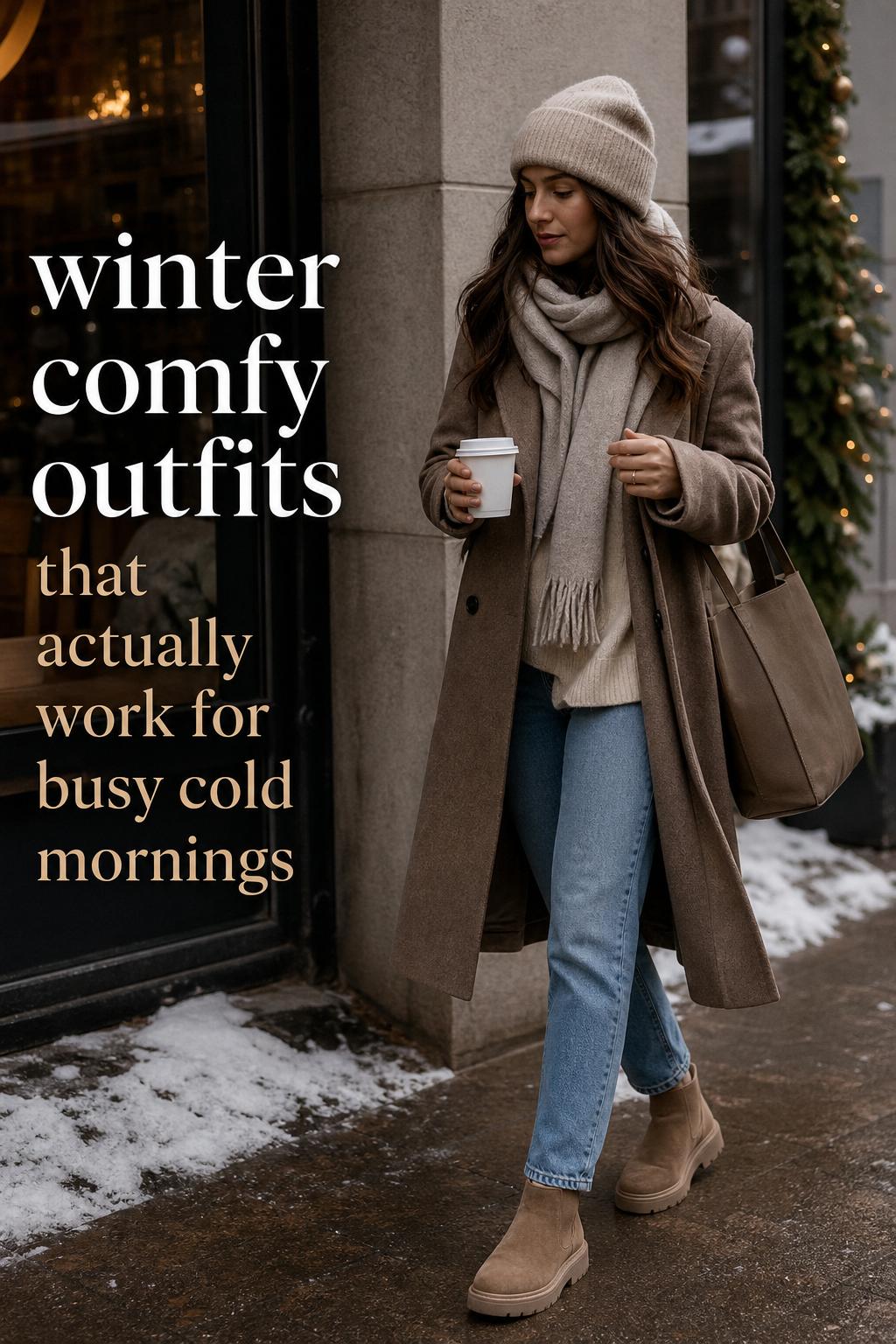 Woman in city winter comfy outfits walking by a café in a wool coat, knit sweater, scarf and boots with text overlay