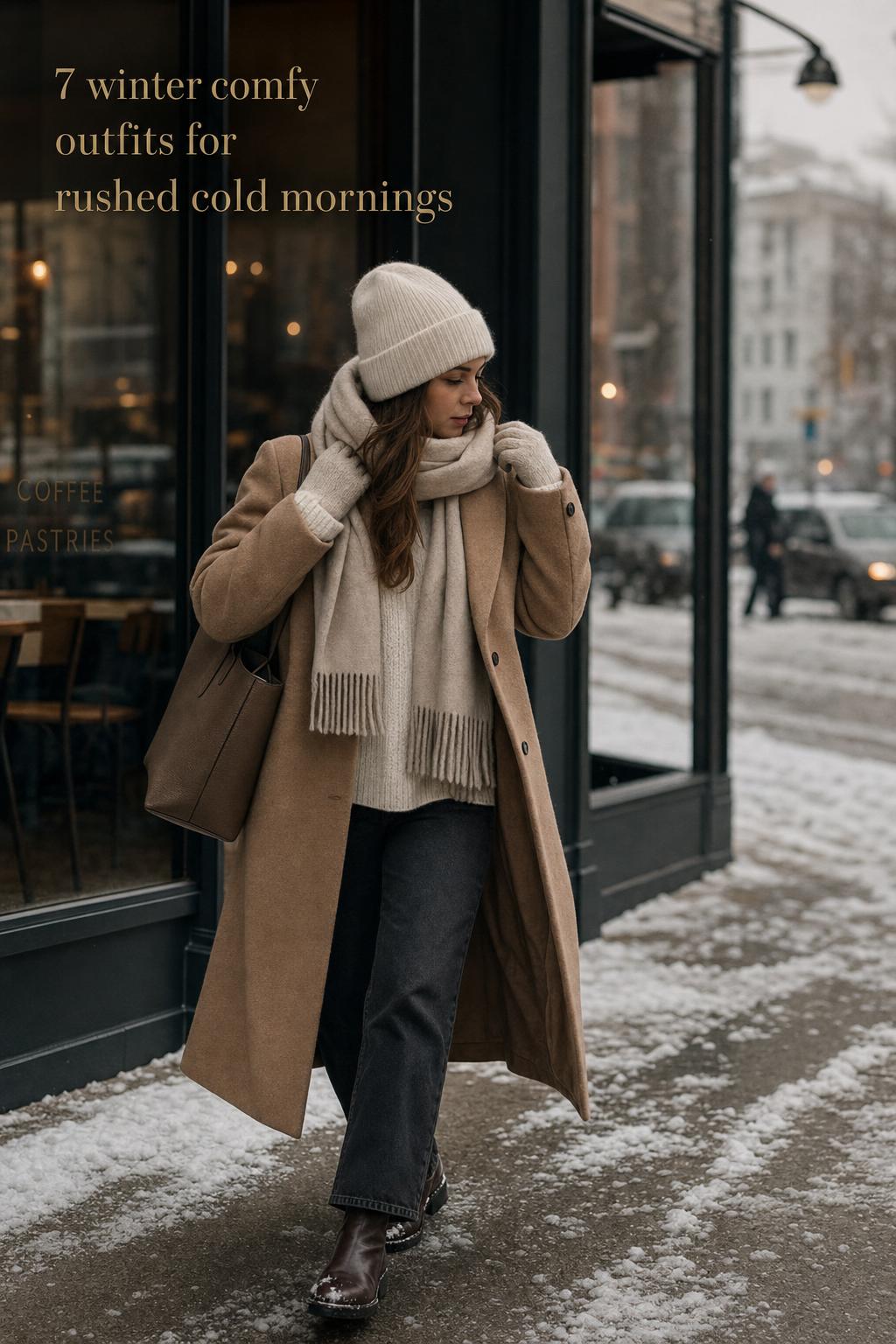 Woman in camel coat and scarf on snowy commute by cafe window, premium winter comfy outfits street style