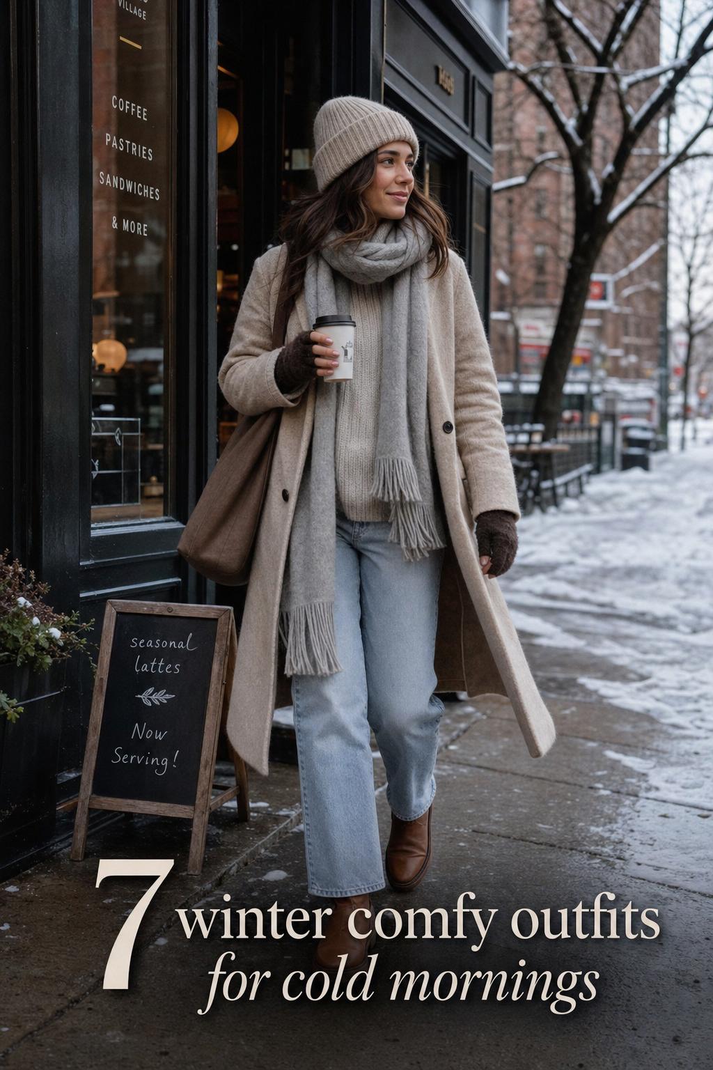 Winter comfy outfits: adult woman in wool coat and knit sweater stepping out of a cafe onto a snowy city sidewalk