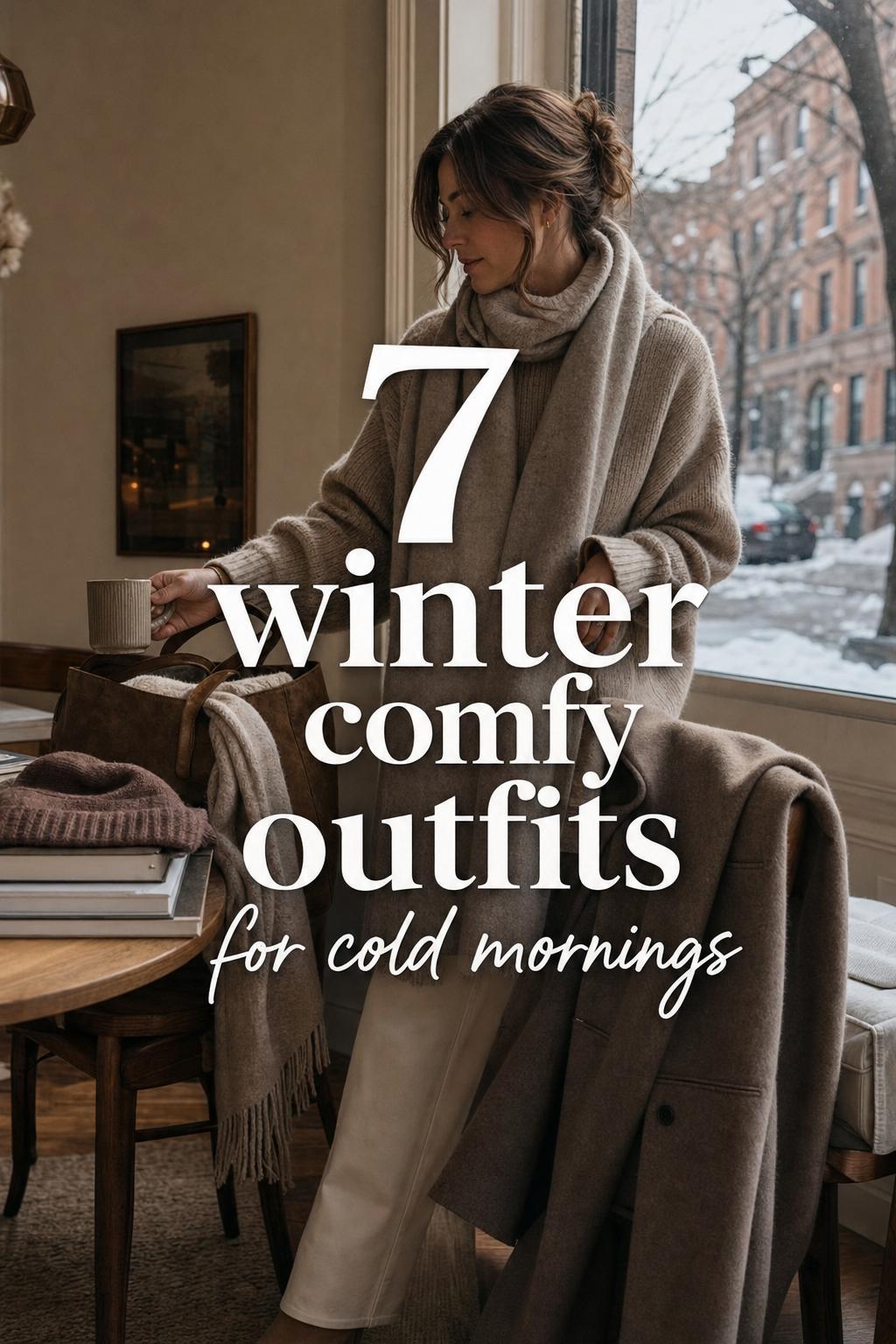 Woman styling winter comfy outfits by a window in a cozy neutral room, layered knit sweater, scarf, trousers, and boots