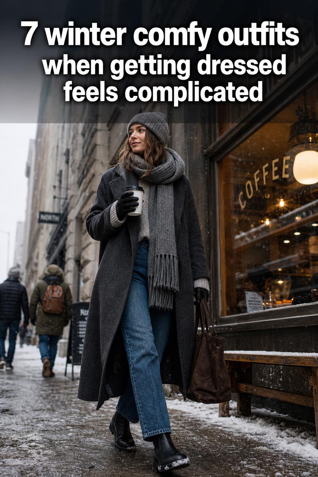 Winter comfy outfits in a cozy knit sweater and scarf on a snowy street, warm neutral layers and boots