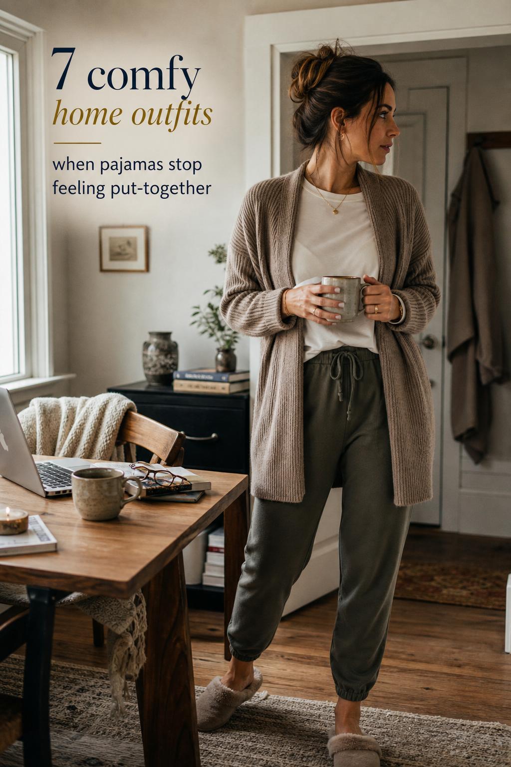 Woman in neutral loungewear by a window in a cozy home office, showcasing comfy home outfits with layered knit textures
