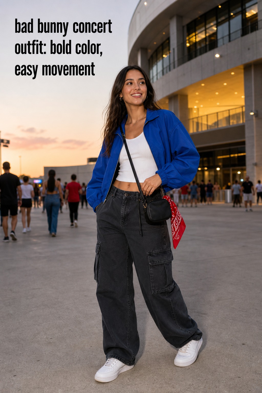 bad bunny concert outfit with cobalt jacket, white tank, relaxed cargo pants, and sneakers