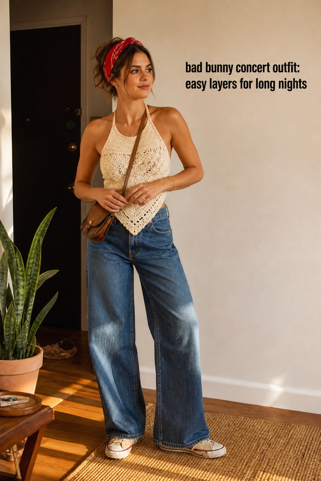 bad bunny concert outfit with cream crochet top, indigo jeans, red bandana, and sneakers