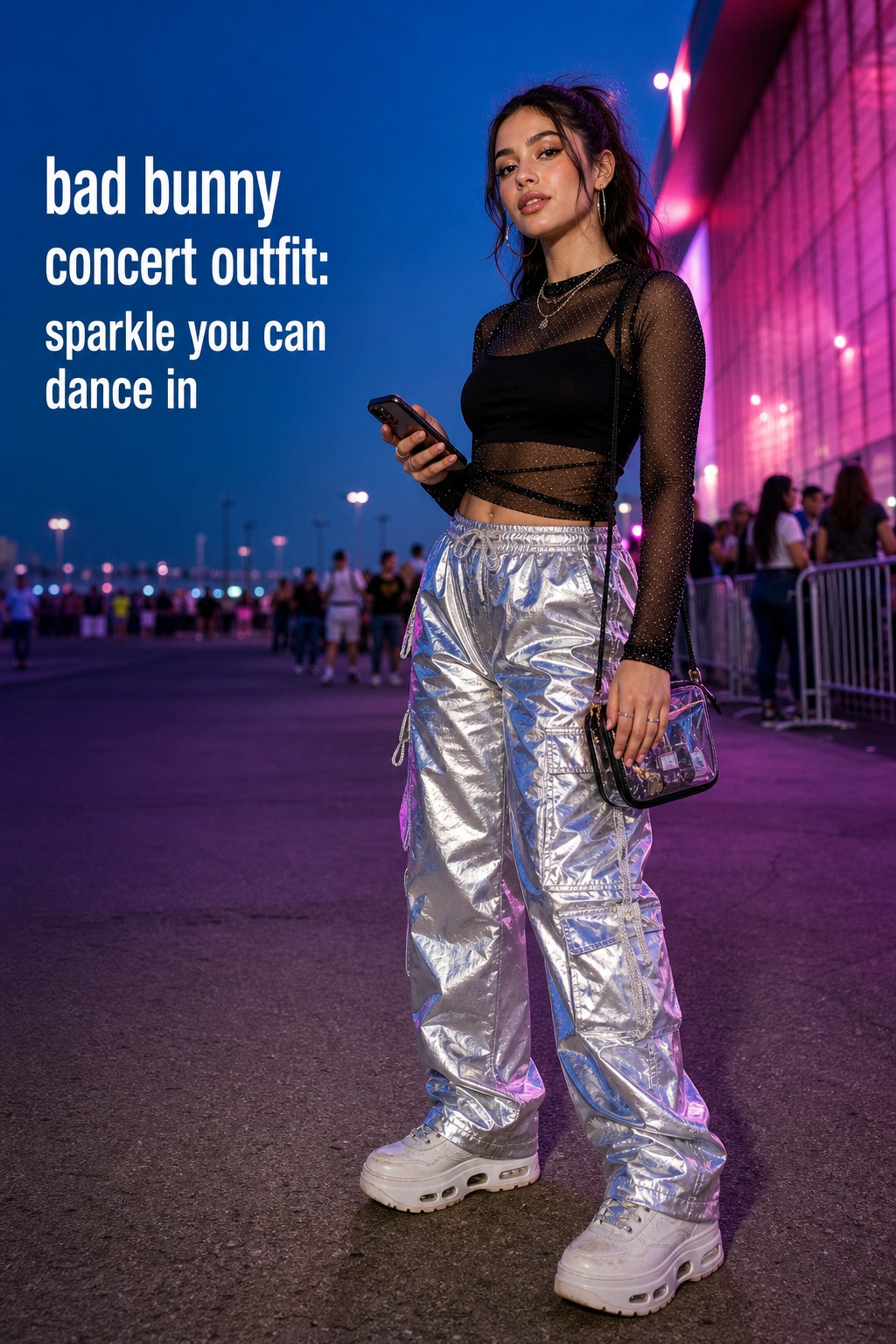 bad bunny concert outfit with metallic cargo pants, black mesh layer, and platform sneakers