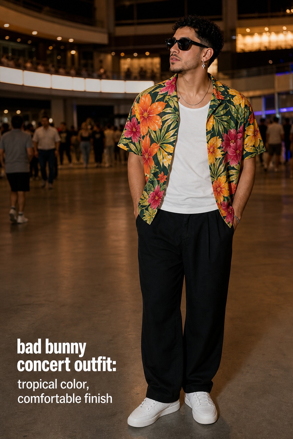 bad bunny concert outfit with tropical floral camp shirt, black trousers, sunglasses, and sneakers