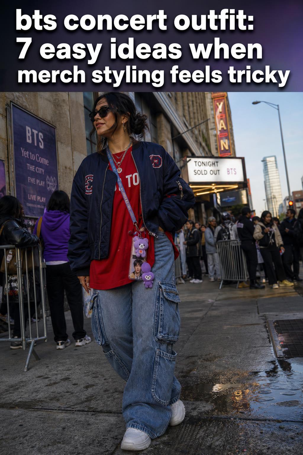 BTS concert outfit with stylish layered streetwear and accessories in a backstage dressing room