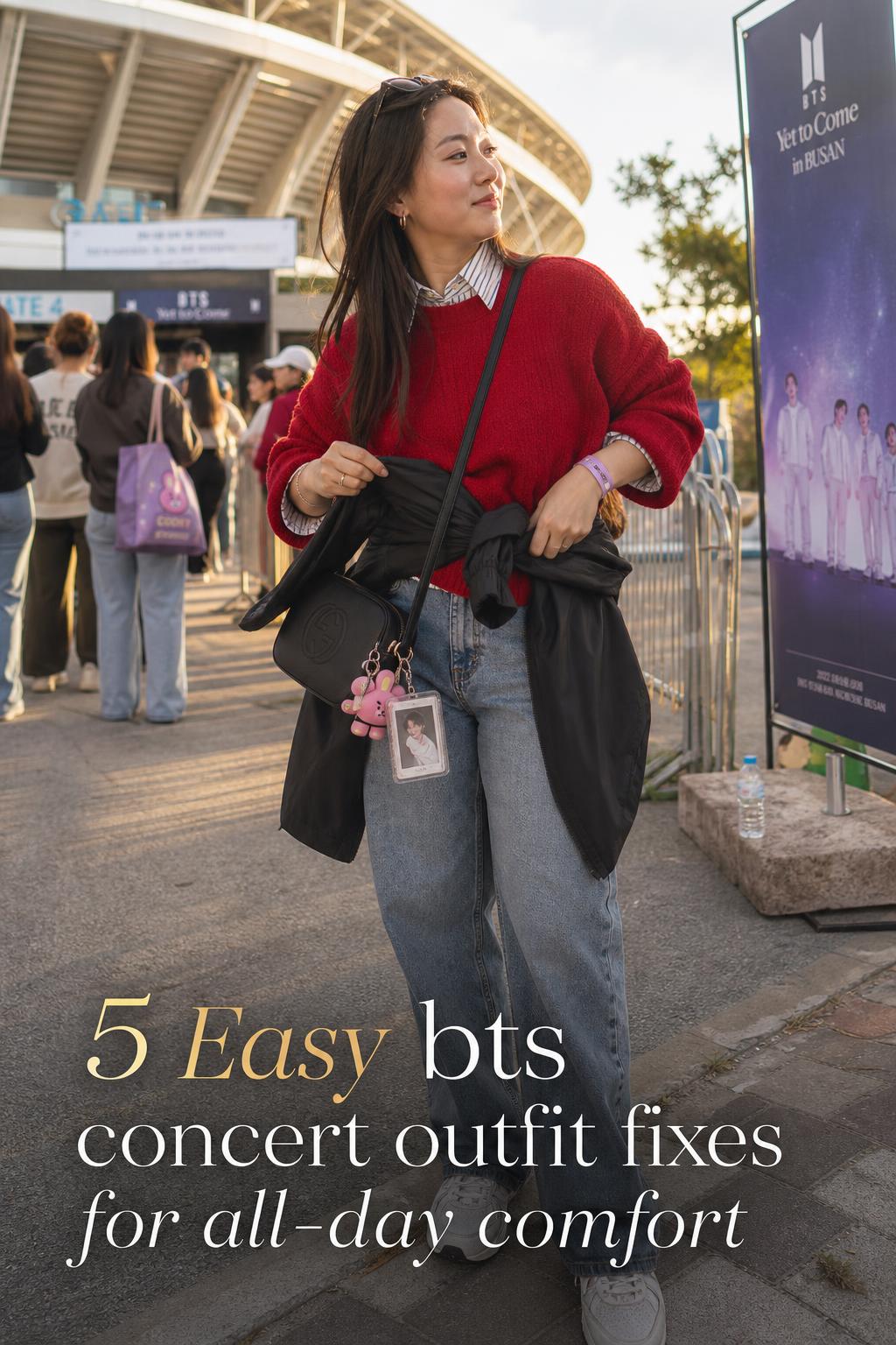 bts concert outfit ideas outside stadium at golden hour, woman in red knit and denim adjusting jacket in venue line