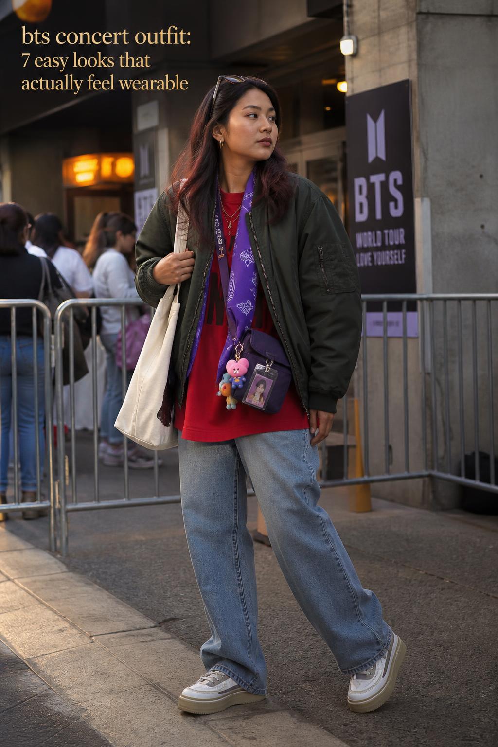 Adult in polished street style wearing a bts concert outfit in a venue line at dusk, with red top, bomber jacket and denim