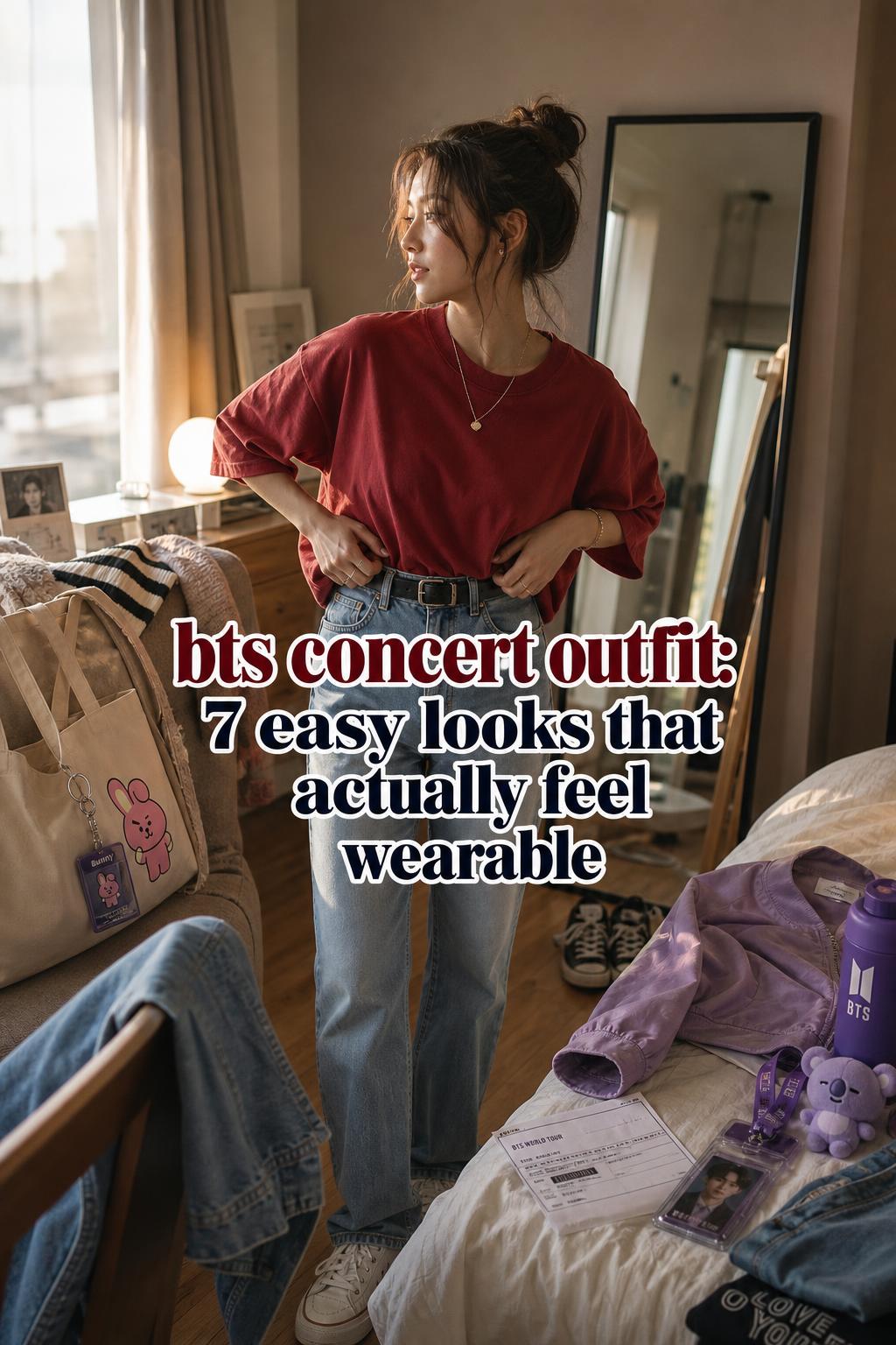 bts concert outfit styling moment in a cozy apartment, woman tucking red top into denim by a window in golden-hour light