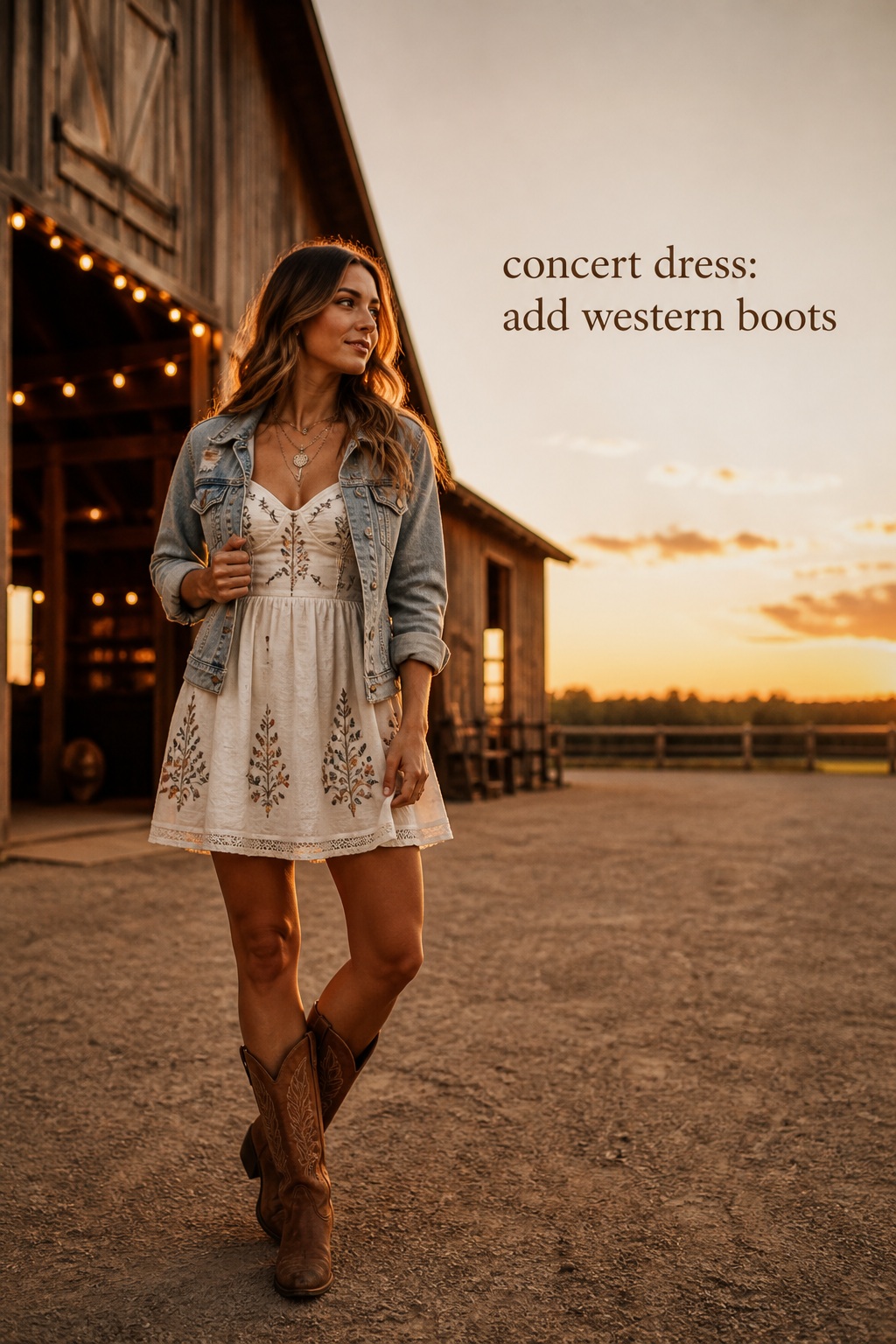 concert dress embroidered white dress with western boots and denim jacket at golden hour