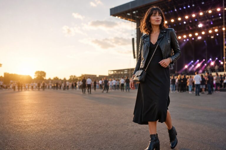 concert dress black midi dress with leather jacket and boots arriving at a venue