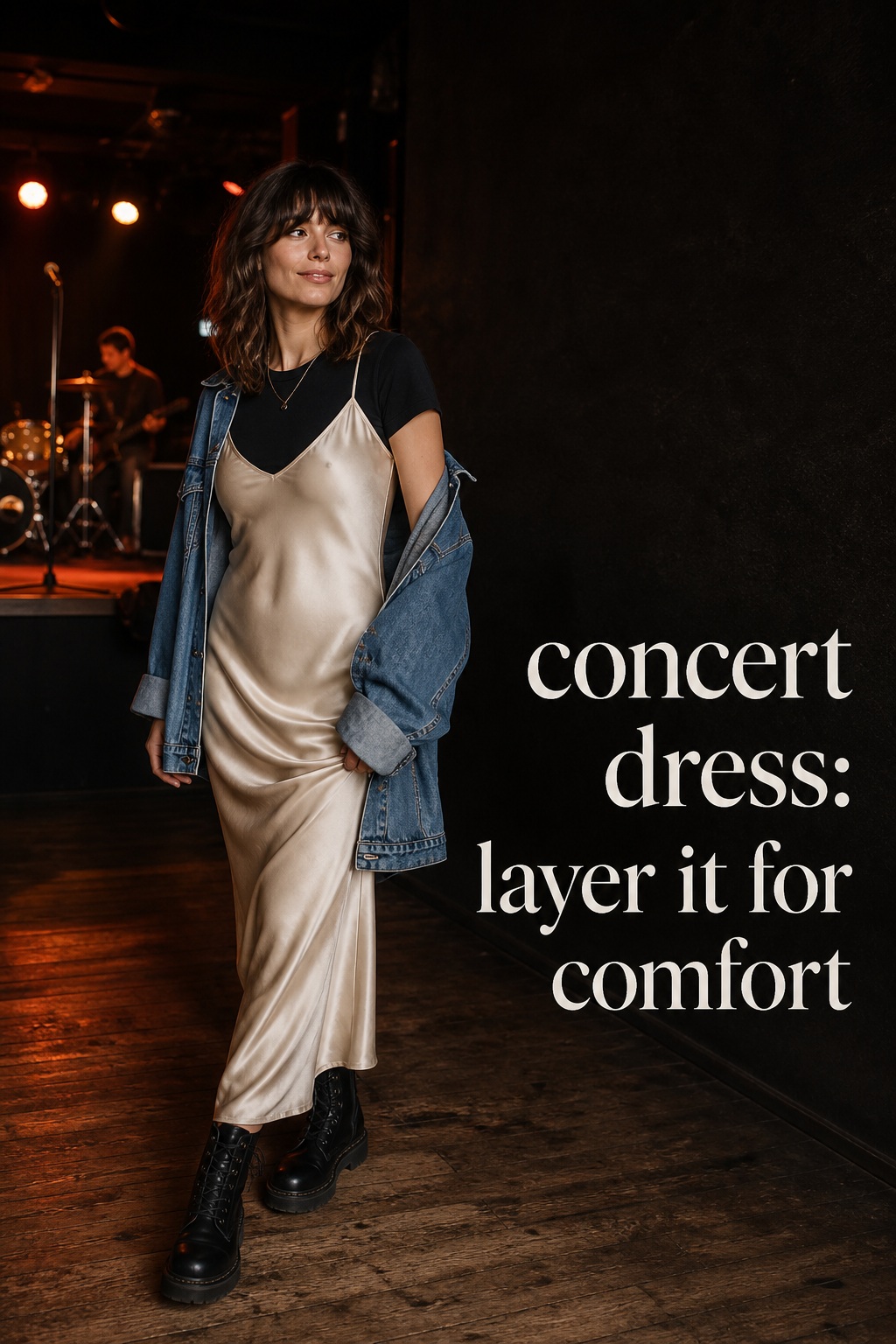 concert dress champagne slip dress layered over a black tee with denim jacket and boots