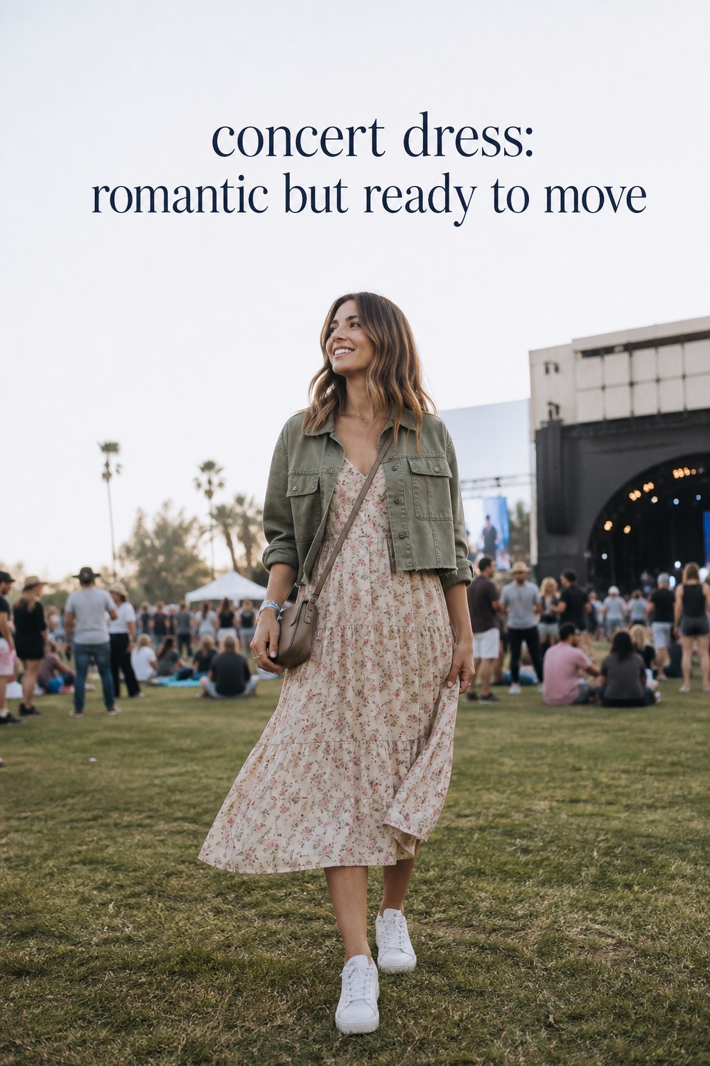 concert dress floral midi dress with sneakers utility jacket and crossbody bag outdoors